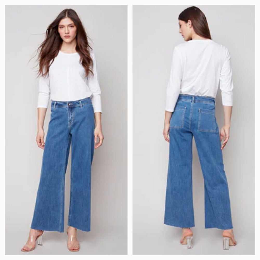 CHARLIE B Wide Leg Frayed Raw Hem  Medium Blue Jeans 8